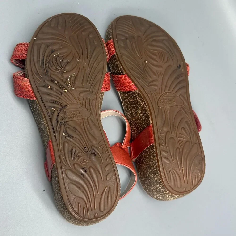 Abeo Urmy Women's 7 Orange Woven Leather Cork Hook & Loop T-Strap Wedge Sandals